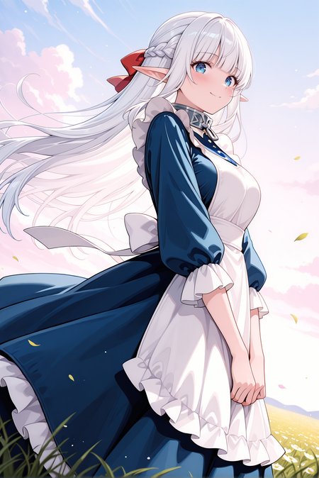 masterpiece, best quality, very aesthetic, absurdres, ultra-detailed, highly detailed, cowboy shot, shiny skin, wind lift, from below, blush, (long dress:1.2),   from side, 
meadow, wind, outdoors, smile, looking at viewer, standing,
<lora:Nephelia-08:1> nephelia, 1girl, long hair, white hair, braid, pointy ears, french braid, elf, blue eyes, ribbon, apron, sidelocks, dress, bow, hair ribbon, maid, hair bow, frills, blunt bangs, blue dress, white apron, collar, red bow, metal collar,
<lora:illustrious_noobai_epsilon_pred_11_very_aesthetic_v1_1029791:1>
(lazypos:0.7)