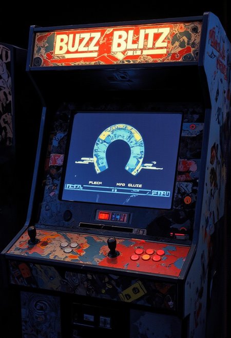 4k quality, (masterpiece), detailed
A 1990s arcade machine. The top of the machine says "Buzz Blitz". The screen is a game main menu with a lightning bolt logo on it. There is a film grain on the screen.