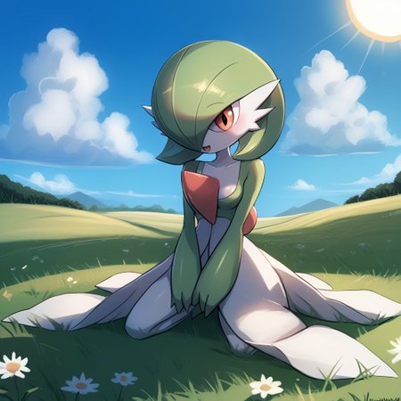 score_9, score_8_up, score_7_up, score_6_up, score_5_up, score_4_up,
 luminekoStyle,
1 girl, gardevoir, green_hair, green_skin, hair_over_one_eye, 
field, grass,  sun, clouds,