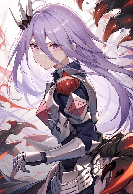 (score_9:0.9),score_8_up,score_7_up,rating_safe,anime style,(zPDXL),(zPDXL3),<lora:The Iris Swordsoul ponyXL v1.1:0.76>,purple eyes,light purple hair,despian luluwalilith,red eyes,1girl,silver armored gauntlets,solo,silver hair ornament,closed mouth,dark knight armor,fleurdelis,from side,single claw wing,