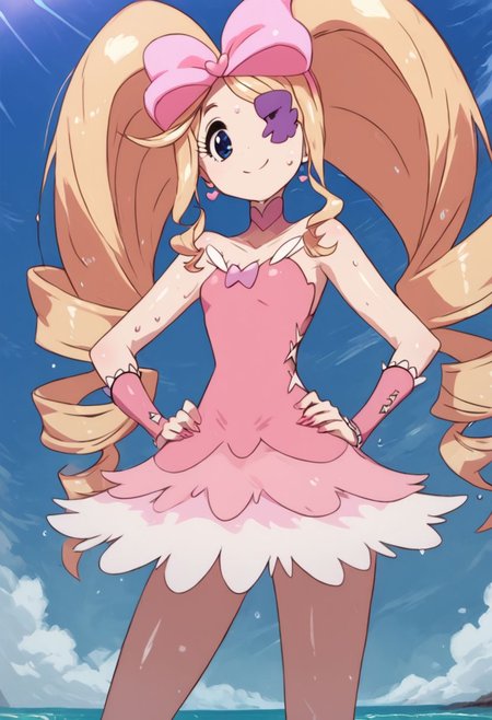 <lora:Styles\Twilight Style.safetensors:0.8> ,Shiny skin, Syuro, Beach, outdoors, blue sky, summer, score_9, score_8_up, score_7_up, Expressiveh, vivid colors, 1girl, cute, (cute:1.3), pretty girl,, solo, eyelashes, solo focus, 1girl, cute, (cute:1.3),flat chest, small breasts, pretty girl, solo, 1girl, nui harime, big hair, blonde hair, blue eyes, drill hair, eyepatch, hair bow, long hair, pink bow, exposed shoulders, twin drills, twintails, boots, bow, dress, eyepatch, hair bow, pink footwear, strapless, strapless dress,pink fingernails, long eyelashes, 
Standing, hands on hips, from below, smile, tease, looking at viewer, half open eyes, closed mouth, wet, upper body, sweating,