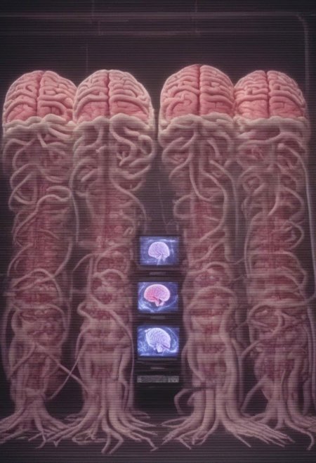 crt style tvs sets multiple human brains emerging from 5 women glowing massive amounts of intestines and cables woven together inside multiple modern television sets in technology warehouse