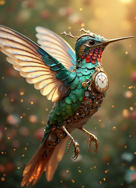 Hyperrealistic steampunk-inspired hummingbird, its body a fusion of iridescent feathers and intricate clockwork mechanisms. Elongated, needle-like beak made of polished brass, housing a retractable proboscis with visible gears. Eyes are multifaceted gemstones, refracting light in kaleidoscopic patterns. Wings are a marvel of engineering, constructed from overlapping metal feathers etched with delicate filigree. Each feather terminates in a translucent, crystal-like edge that catches and disperses light. Body plumage seamlessly blends vibrant emerald and sapphire feathers with exposed copper and gold gears. Chest features a small, ticking clock face with Roman numerals, its hands spinning rapidly. Tail feathers are long, trailing ribbons of shimmering silk interwoven with fine copper wires. Legs and feet are spindly brass appendages with articulated joints, tipped with razor-sharp talons. The creature hovers in mid-air, suspended by barely visible strings of spider silk. Surrounding the hummingbird is a swirling mist of airborne pollen and tiny cogs, creating a dreamy, ethereal atmosphere. Background fades from a soft focus garden scene to a schematic drawing of the bird's inner workings. Lighting is warm and golden, emphasizing the metallic elements while casting a soft glow on the feathered areas. Hyper-detailed rendering captures the interplay of organic and mechanical textures, from the smoothness of polished metal to the softness of downy feathers