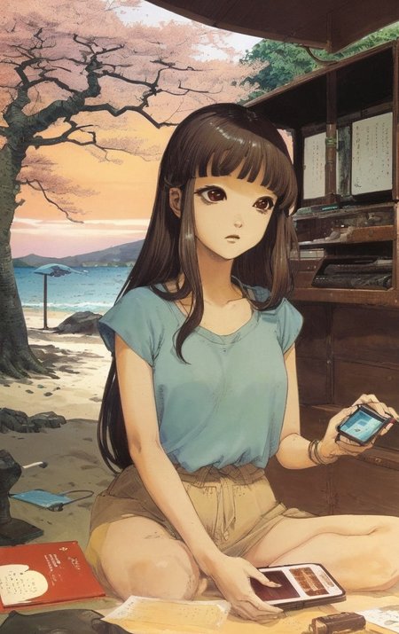 artwork <lora:Moebius:1>, outdoor at evening, 1woman 60yo (Sakurako Tanba:1.3), Pixie Cut with Long Top hair do a console, beach, hawk