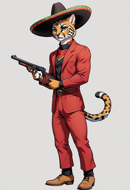 4K,masterpiece,1boy,mature male,full body,from side, style of 80scartoon,SMheroes style,flat colors,vibrant colors,bright colors,
feline_hybrid,Ocelot,(charro:1.3),face of an Ocelot,animal face,cat eyes,(looking to the side:1.4),red suit,yellow trimmings,suede shoes,(sombrero: 1.5),neckerchief,holding gun, aiming,(tmmygn:1.5),