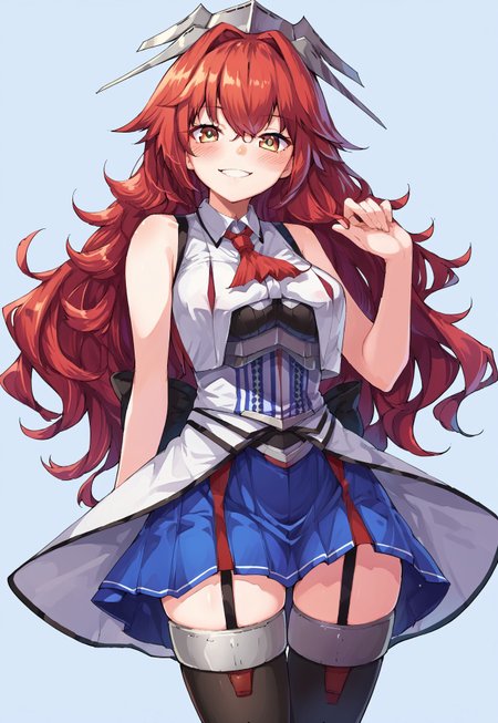 score_9, score_8, score_7, source_anime, phoenix (kancolle), 1girl, solo, blush, looking at viewer, skirt, thighhighs, blue skirt, garter straps, smile