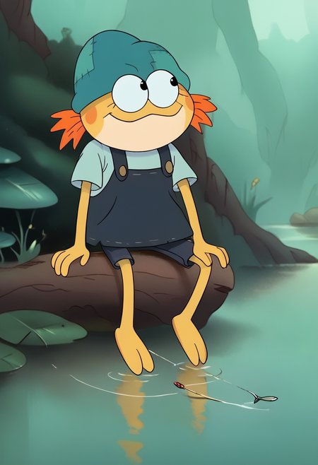 <lora:WesternCartoonClassicDisney100:0.9>   , BREAK, hetero, interspecies, intricate details, high intricate details,
  <lora:Felicia__Ivory_Sundew-000007:1>ivy_sundew, anthro frog, orange hair, yellow_skin,  white shirt,  beanie hat,  lake,  fishing,  sitting, zPDXL3, <lora:Pony_QualityV4.0:1.12> zPDXLxxx, zPDXLrl