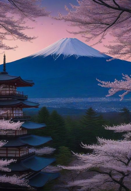 masterpiece, photorealistic, a vast spring forest, distant mountains, japanese pagoda, japanese architecture, japanese forest, cherry blossoms, night sky, mt. fuji, serene, peaceful, moonlight, low angle