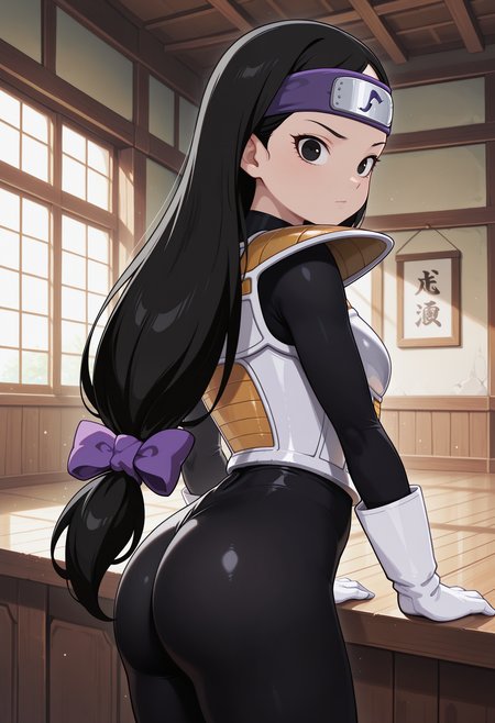 Tsch, 1girl, black hair, low-tied long hair, black eyes, purple bow, forehead protector, white saiyan armor, shoulder pad, black bodysuit, white gloves, white boots, looking at viewer, indoors, best quality, very aesthetic, masterpiece,
