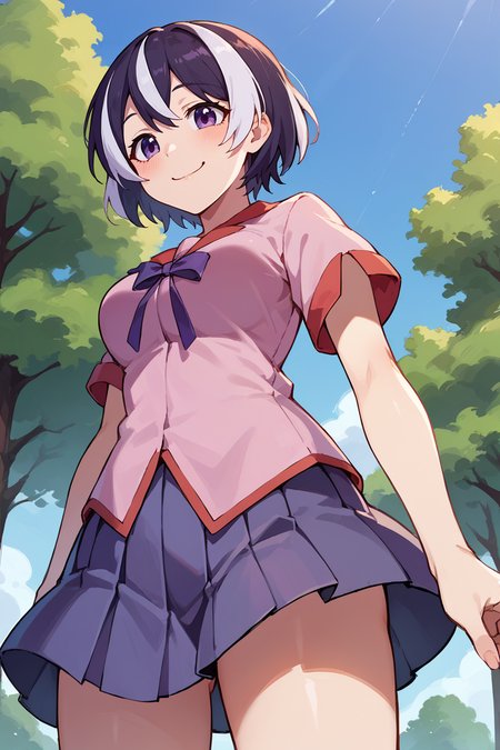 score_9, score_8_up, score_7_up, score_6_up, source_anime, BREAK 1girl, solo  <lora:tsubasa-pdxl-nvwls-v1-000005:1> altTsubasa, multicolored hair, short hair, purple eyes, school uniform, pink shirt, short sleeves, pleated skirt, from below, happy, smile, closed mouth, medium breasts, blue sky, trees, field