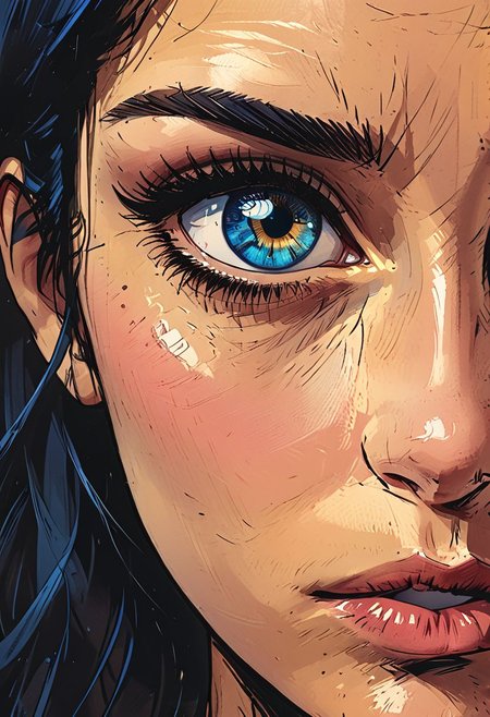 (macro close-up blue eyes), only eyes,
Looking into distance, perfect Olive skin, snub nose, Arched eyebrows, Monolid blue Eyes, (blue eyes), long eyelashes, 
 graphic style of novel comics, 
2d, 8k, iMax, hyperrealism, masterpiece, high resolution, best quality, ultra-detailed, super realistic, Hyperrealistic art, high-quality, ultra high res, highest detailed, lot of details, Extremely high-resolution details, incredibly lifelike, colourful, soft cinematic light,
