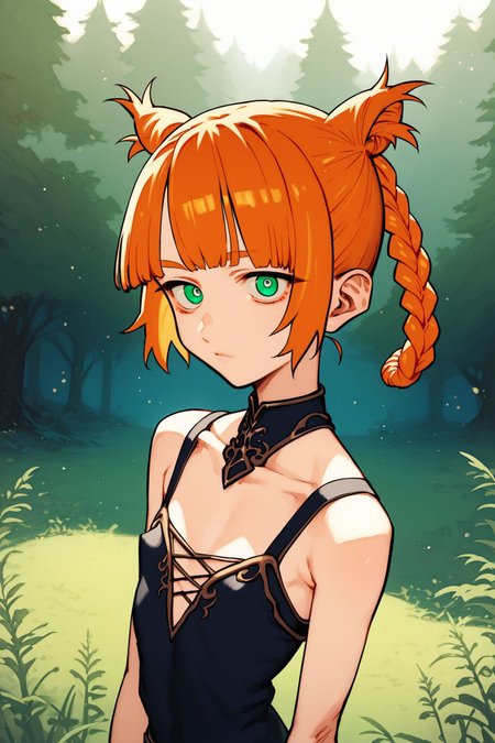 score_9, score_8_up, score_7_up, 1girl, pupils sparkling, looking at viewer, hands_on_hip, orange hair, thin_fringe, cone hair bun, dark green eyes, flat chest, bronze clothes, outdoors, straight-on, glittering light  <lora:kotoyama_PonyXL_style_v01:1>