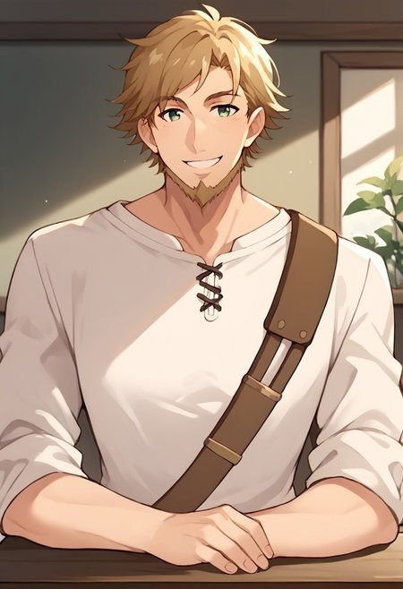 score_9, score_8_up, score_7_up, source_anime, rating_safe, wooden table counter, Kenuchi, 1boy, male focus, brown sling strap, white shirt, smile, portrait,