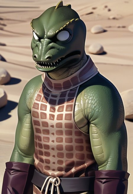 score_8_up, source_anime, gorn, gorn male, blank eyes, leotard, closeup, scales, green skin, rocky desert, gauntlets, folded arms, teeth, mouth open, 
 <lora:Gorn_-_Star_Trek_SDXLPony:1>