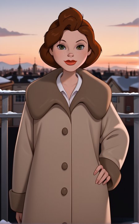 score_9, score_8_up, score_7_up, absurdres, contrapposto, hand on hip, sunset, sidelighting, cityscape, vanishing point, outdoors, depth of field, solo, looking at viewer, <lora:PONYXL_IronGiant_AnnieHughes_ownwaifu:1>, BREAK TrenchCoat_AnnieHughes_ownwaifu, 1girl, breasts, brown hair, eyeshadow, green eyes, lipstick, makeup, nose, red lips, short hair, long sleeves, brown coat, single hair bun, freckles, brown jacket, buttons, lips, white shirt, afro, trench coat, collared shirt, winter clothes, mature female,<lora:add-detail-xl:0.15>,