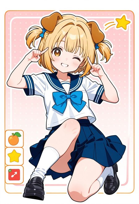 not ai art,not ai art,Intakes Hair,bangs,short twintails,short hair,dog ears,dog girl,serafuku,blue bow,blue orange bow,blonde hair,brown eyes,socks,white socks,shoes,ima_AI123,moe style,1girl,smile,wink star,hand pose,pose hand,perfect hand,icon,game icon