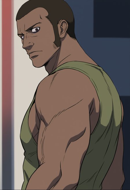 1boy, paul_darker, black eyes, dark skinned, buzz haircut, brown eyes, scar across nose, dark brown hair, long sideburns, veiny arms, green tanktop, dark circles, score_8_up, score_7_up, score_6_up, score_9, a muscular man at alley, night , building, face_focus,muscular,stocky body, big muscle,,centered,looking at viewer, detailed eyes, 8k uhd, high quality, standing