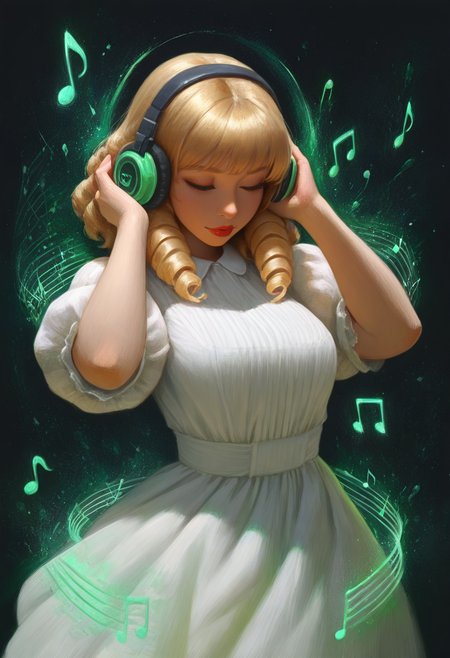masterpiece, best quality, oil painting \(medium\), real, solo, 1girl, blonde hair, headphones, hair curls, black background, sound waves, green neon, white dress, musical note, red lipstick, medium hair, ringlets, green theme, hand on headphones, frills, puffy sleeves, short sleeves