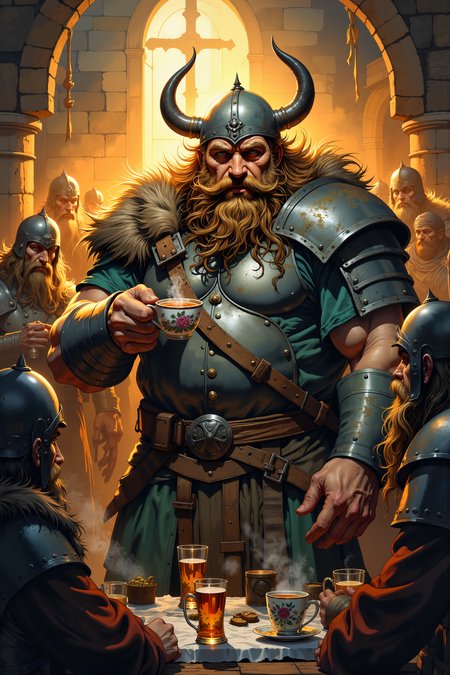 Inside the flickering glow of a medieval mead hall, a massive Viking warrior with a wild, unkempt beard and battle-scarred armor stands amidst roaring comrades. But unlike the overflowing mugs of ale around him, he holds a tiny porcelain teacup, painted with delicate floral patterns, steam rising gently from the herbal infusion. His massive fingers handle it with surprising grace, his expression one of pure satisfaction. A nearby shieldmaiden watches, half in awe, half in amusement, as this towering brute indulges in the daintiest of drinks amid the chaos of laughter and feasting. , detailed background  Fantastic lighting. Detailed shadows.intricate details, vivid colors, hyper-detailed, ultra-sharp, , <lora:Dorota_Pietrowiak:0.3> Portrait by Dorota Pietrowiak <lora:Comic book V2:0.8> High-contrast illustration