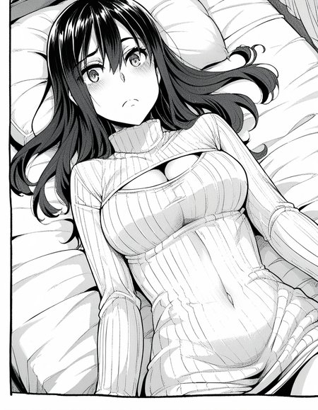score_9, score_8_up, score_7_up, source_anime, sakiyoshida, <lora:saki-yoshida-manga-ponyxl-lora-nochekaiser:1>, saki yoshida, long hair, hair between eyes, monochrome, greyscale, black hair,, <lora:open-chest-sweater-ponyxl-lora-nochekaiser:1>, open-chest sweater, ribbed sweater, cleavage cutout, meme attire, clothing cutout, turtleneck, sweater dress, cleavage, clothes tug, sweater pull, cleavage reach,, indoors, bed, bed room, blush, on bed, on back,, cowboy shot, dutch angle,