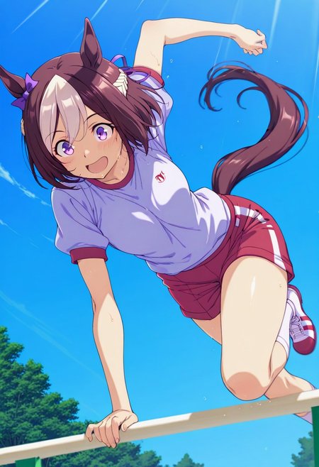score_9,score_8_up,score_7_up,source_anime,anime coloring,   , masterpiece,best quality,amazing quality,1girl,solo,
Trees, daytime, blue sky, rays
jump over  fence,
Special Week \(umamusume\),horse tail,(horse ears),horse ears, horse tail, Tracen training uniform shorts,