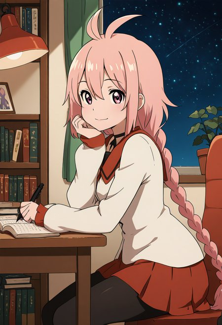 masterpiece, best quality, solo, curvy, beautiful eyes, narrow waist, wide hips, 1girl, solo, smile, looking at viewer,   zzKaede, pink eyes, hair between eyes, ahoge, antenna hair, long hair, pink hair, single braid,  school uniform, choker, sleeves past wrists, red skirt, black pantyhose,   ,<lora:KaedeByKurumiErika_IXL:1.0>, , zzLofi, sitting, side view, desk, chair, book, bookshelf, head rest, holding, holding pen, lamp, night, open book, pen, plant, potted plant, sky, star (sky), starry sky, window, windowsill, writing, <lora:LofiGirl_Style_IXL:0.8>,