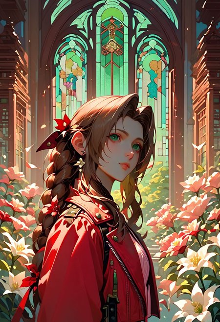 (score_10, score_9_up, score_8_up, score_7_up,) 1girl, aerith gainsborough, brown hair, braid, long hair, green eyes, hair ribbon, pink dress, red jacket, cropped jacket, best quality, high quality, masterpiece, highres, cathedral interior, flower, white lilies, stained glass, extremely detailed CG, extremely detailed 8K wallpaper, extremely detailed character, solo, sharp focus, dramatic angle, cinematic lighting, extremely delicate and beautiful, absurdres, incredibly_absurdres, bloom, glow, bokeh, jewelry, ornaments