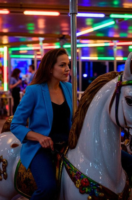 Surrealism, cinematic still <lora:Bente Becker:1.6> Bente Becker, A person riding a carousel horse in a neon-drenched amusement park, looking nostalgic, shot with a telephoto lens for a dreamy portrait, vibrant lights streaking, sharp focus on the subject. . emotional, harmonious, vignette, highly detailed, high budget, bokeh, cinemascope, moody, epic, gorgeous, film grain, grainy, expressive, dramatic, organic lines and forms, dreamlike and mysterious, Surrealism