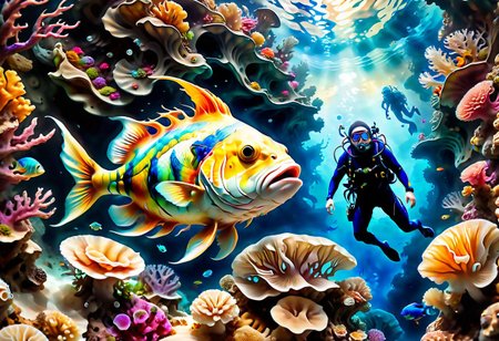 high contrast, lively colors, highest quality,masterpiece, 4K HD,vibrant colors ,wide angle, cinematic,  realistic, hyper detailed,Extremely high-resolution details, photographic, realism pushed to extreme, fine texture, incredibly lifelike,sharp, colorful
hyperkraximalism,
a diver descends into the ocean abyss, wide angle , reefs, fish