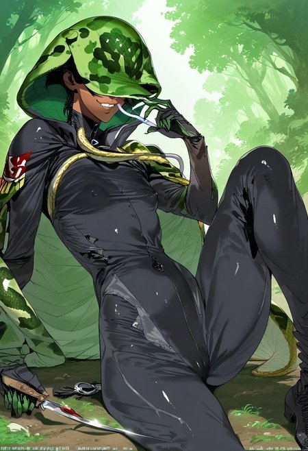 score_9, score_8_up, score_7_up, score_6_up, score_5_up, score_4_up,  1girl,  black eyes, green tree, ((midnight)), tilted angle, loop lighting, (((forest))), solo, ((((holding sickle)))), Concept Art, (((((((camo bodysuit))))))),  flat breasts, flat ass, skinny leg, skinny body, slim girl, (18 years old)), ((pettie)), narrow waist, flat chest, ((camo hand bodysuit)), (((short))), flat breasts, flat ass, narrow waist, ((flat chest)), (((short))), ((flat chest)), (((anorexic))), ((((dark skin woman))))), (((tight green glove))), ((((snake bodysuit)))), black hair, (((pixie cut))),  (((smug))), ((green glove)), ((((((snake furry)))))), ((nipple)), ((((((dynamic pose)))))))   , ((((((dynamic hand))))))) , ((((((dynamic leg))))))) ,(((((((transparent black bodysuit)))))), ((transparent gas mask)), , (((( snake hood))), (((snake cape)))) , (((( snake camo))), (((camo cape)))) , ((((lesbian))))), ((((lying down)))), ((((character sheet))))