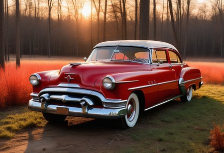 very realistic photograph of a red 1953 Pontiac car parked in a field, in sunset lighting, hardwood forest background, extremely detailed