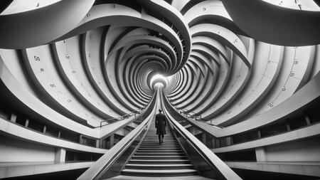 Positive: cinematic photo Director Sergei Eisenstein style - film still 1925. In the future, metropolis style, old movie grain
 <lora:FaeTastic:0.7>  <lora:Director Sergei Eisenstein style:0.7>
 . 35mm photograph, film, bokeh, professional, 4k, highly detailed, architecture stairs inside a geometrical pattern by Escher, optical illusion, math ilustration, sine wave, gaussian distribution, tessellation, use of mathematics, geometry, and optical illusions to create impossible worlds and mind-bending images. themes of infinity, recursion, and transformation.