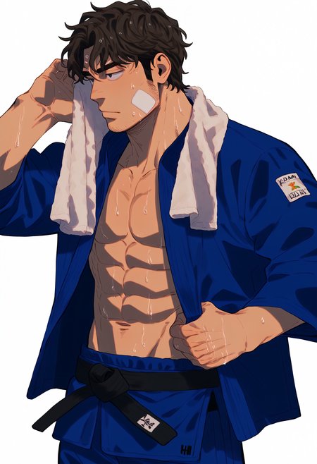 1boy, solo, h4ruk4m1, (bif, baf:1.1), (xhh:1.4), bara, muscular male, from side, cowboy shot,
judo, judo uniform, (blue clothes:1.2), belt, black belt, abs, navel, standing, towel around neck, bandaid on face,
dark brown hair, parted permed bangs, wavy hair, black eyes, sideburns, stubble, wet hair, very sweaty, sweatdrop, 
simple white background,
best quality, amazing quality, best aesthetic, absurdres, sfw, year 2023,
<lora:judo:1> <lora:h4ruk4m1XLP:0.8> <lora:sn0w:0.8> <lora:incase-ilff-v3-4:0.4>