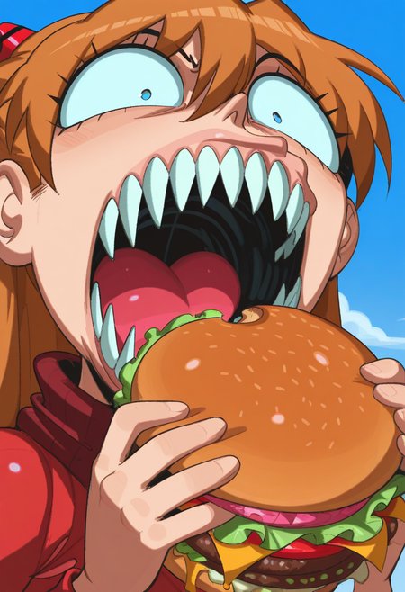 j0j0, masterpiece, best quality, solo,   asuka langley, ginger hair, red uniform,  suprised,  blue sky, holding burger, mouth wide open, giant teeth, weird, wide eyes,