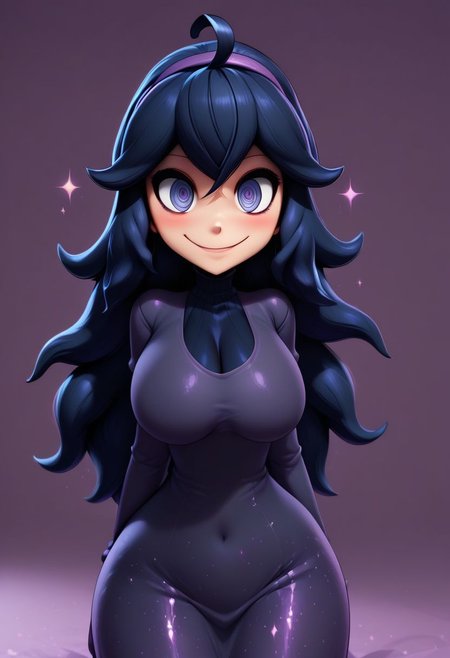 (score_9, score_8_up:1.1), score_7_up, 
subsurface scattering, 
purple theme background,glitter,sparkles,shiny,1girl, Live - action adaptation of a 3d character,  1girl, solo, 
BREAK,
curvy, 
hex maniac (pokemon),   long hair, ahoge, purple hairband, purple eyes, @_@, large breasts, long black dress, 
wide hips, curvy, 
BREAK, 
charming face, smile, closed mouth, blushing, looking at viewer,