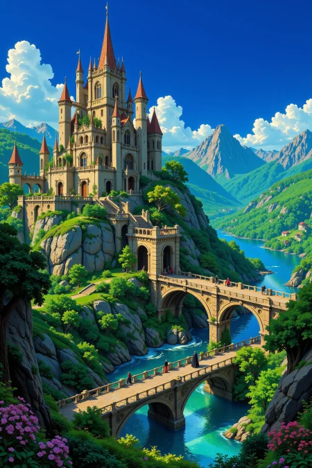 castle bridge beautiful  landscape, noon, woman, very intricate, very detailed, sharp, bright, colorful, <lora:Hand v2:0.5> <lora:Anti-Blur:1><lora:Insane Detail Slider:0.25>  <lora:flux.1_lora_flyway_Epic-detail_v2:0.3> <lora:fluxenhancer:0.25> <lora:Anime_style:0.6> anime style