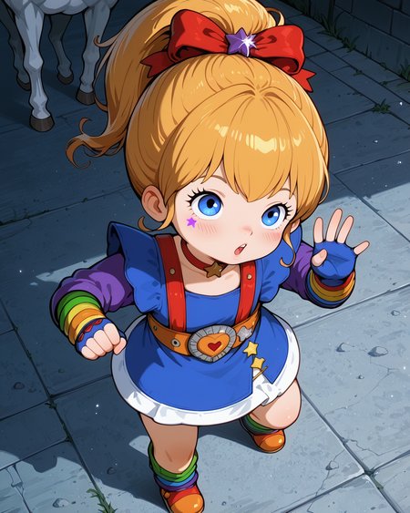 IllusP0s, PonyScores7, source_anime, ah1, IllustriousQual, interesting, exciting, spectacular, wonderful,
BREAK ((from above), (from side) medium distance from viewer focus on head),
BREAK 1girl, <lora:Rainbow Brite Illustrious 1:0.6>, Rainbow Brite, Starlight, A white horse with a rainbow mane, <lora:shinyskin2:0.2>, glistening skin,
BREAK  (blonde hair), long hair, hair bow, updo ponytail, <lora:hairdetailpxl:0.2>, hairdetailpxl,
BREAK (blue eyes), <lora:expressive eyes:0.2>, expressive eyes, <lora:eyedetailpxl:0.2>, eyedetailpxl, <lora:Eyes_High_Definition:0.2>, EyesHD,
BREAK ((looking away)), <lora:Expressive_H:0.2>, Expressiveh, <lora:Emotional_Anime_Expressions_PonyXL_Concept:0.2>, emotional, <lora:Best_Facial_Expression_LoRA_PONY:0.2>, looking at viewer, <lora:Detailed expressive EXEV style -XL Pony V1.0:0.2>, FaceDetail,
BREAK ((holds a strong pose, embodying confidence and elegance)),
BREAK (Choker, Fingerless Gloves, rainbow Leg Warmers, multicolored dress, harness, belt, boots, rainbow sleeves, bubble sleeves),
BREAK (((In a scenic lakeside with the Bellagio Fountains in the background))),
BREAK <lora:xl_more_art-full_v1:0.2>, <lora:aesthetic_anime_v1s:0.2>, <lora:EpicF4nta5yXL:0.2>, <lora:detailxl:0.2>, detailxl, <lora:Fant5yP0ny:0.2>, best quality, amazing quality, best aesthetic, absurdres, illustration, Volumetric_Lighting, ultra-detailed, very aesthetic, intricate details, 8k, masterpiece, best_quality
BREAK Stable_Yogis_PDXL_Positives, AS-Adult, <lora:Complicated fantasy portrait - XL Pony V2.0:0.2>, bad-hands-5, <lora:HDA_Detailer:0.3>,