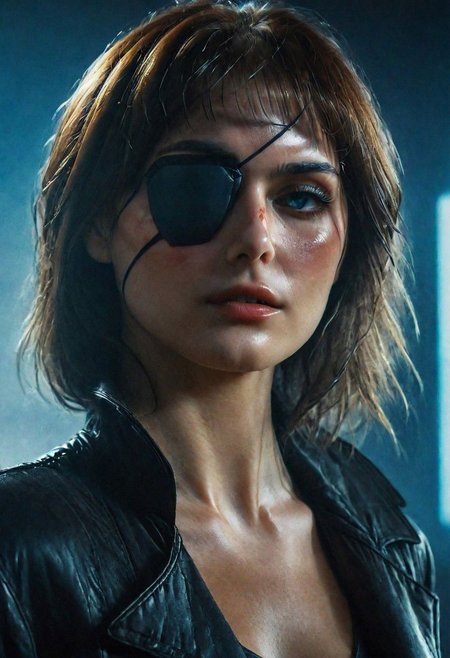 Blade Runner Style, super Face Closeup Portrait, Compose a vivid description for an image featuring Rachael from Blade Runner wearing leather eye-patch, standing in a spacious room within a dystopian megacity skyscraper.
