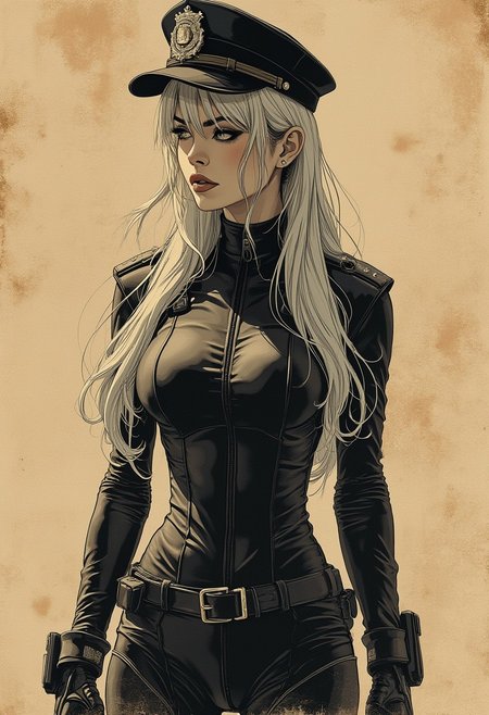 digital image art on rice paper, sepia, henna , Silhouette Art, magnificent, intricate linework with expressive contrasts, soft lighting with dynamic highlights, photorealistic portrait of stunning oriental sci-fi space policewoman, long platinum hair, sidelocks, bangs, police cap, skin-tight bodysuit, unzipped to navel, police insignia, medium breasts, direct gaze, light hitting one side of face, gradient colour abstract background