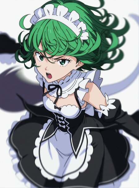 highres, absurdres, hi res, best quality, masterpiece, 2d, intricate details, 4k, anime coloring, elegant, digital painting, highly detailed, artstation, sharp focus, illustration,
1girl, solo, female, eyelashes, nose, green eyes, green hair, short hair, tatsumaki,
maid, maid headdress, maid apron, roswaal mansion maid uniform, detached sleeves, cosplay, alternate costume,
cowboy shot, white background,
blurry, motion blur, wags, wags tail, motion lines, focus blur, depth of field, <lora:Evangelion_(Style)_ILXL:1>, neon genesis evangelion, evangelion: 3.0 you can \(not\) redo,