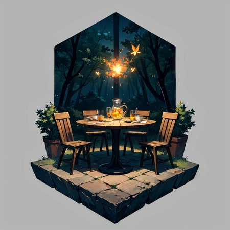 otherworldly, hexagonal composition, glass jar, wooden table, fireflies, night, outdoors, simple background  <lora:hexagon_composition_03:0.6>