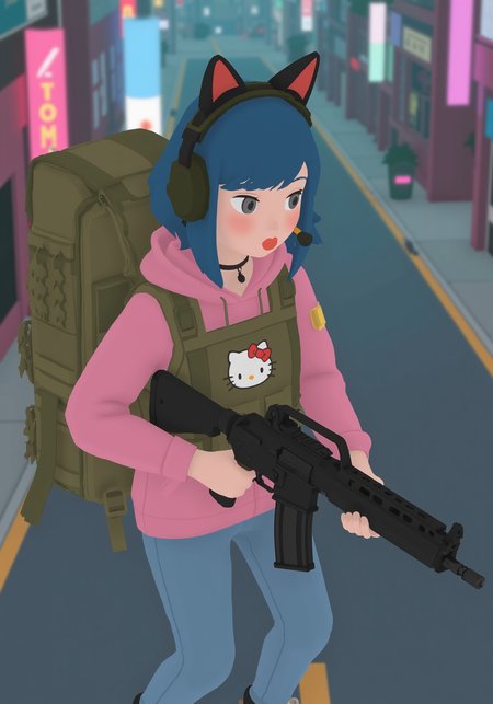 overhead perspective g00se art with smooth textureless style with muted pastel palette of, young woman holding black tactical assault rifle, wearing tan military bulletproof vest with tactical pouches with hello kitty patch over pink hoodie with rolled up sleeves, high top sneakers, skinny jeans, wearing a tactical military headset with novelty cat ears, choker, large tactical backpack, empty neon cyberpunk city at night, blue choppy layered hair with long bangs, her hands are not deformed, the assault rifle is not deformed<lora:g00se.safetensors:1.0:1.0>