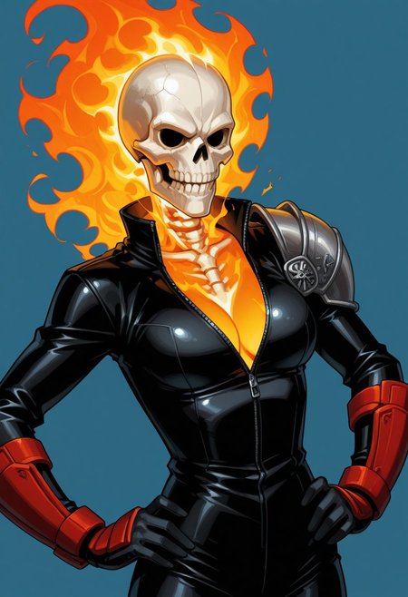 Blue background, simple background, solid color background, 2d, 1girl, solo, GhostRider, AlejandraJones, skull head, skeleton, no pupils , black eyes, no human, flaming head, flaming hair, hair of fire, black bodysuit, red bracers, shoulder armor, unzipped, Upper body, front view, looking at viewer, Cleavage, hands on hips,