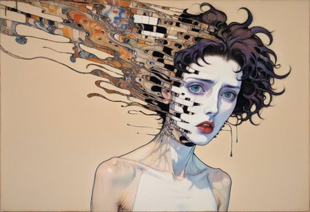 She wears recursive masks, her face exploding in filaments of static like a plant flowering with enigmatic spectacles, each moment of her life now in her death revealed at this central focus, connected by the thread of her stretched thin soul. A surreal glitchcore masterwork of Egon Schiele, sold at auction for 32 million USD.