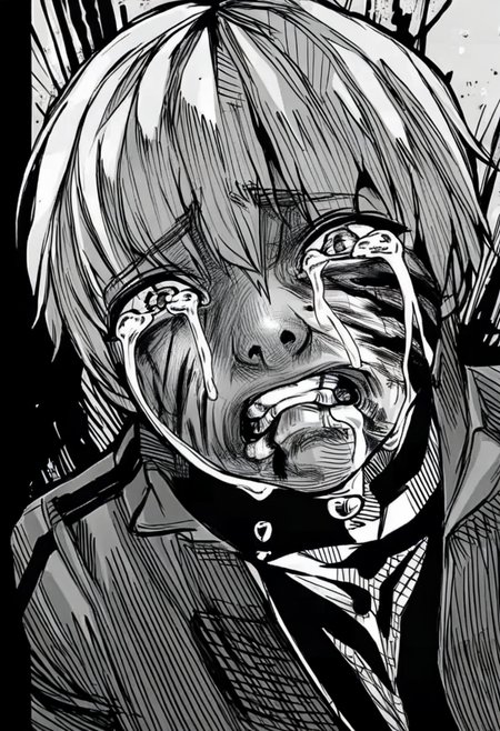 monochrome, greyscale, crying, comic, 1boy, tears, blood, teeth, crying with eyes open, 1girl, short hair, blood on face <lora:odysseasXL_NBVP1_lokr_V6311PZ:0.95>