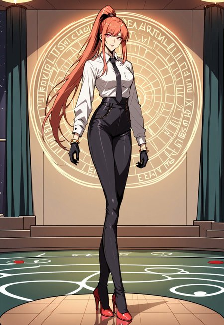 safe_pos, score_9, score_8_up, score_7_up, 1girl, night, indoor, in a casinò, full body, dynamic shot, from high, long legs standing behing a poker table, green table, solo, dynamic pose, Feng Ling, orange hair, red eyes, medium breast, long hair, ponytail, black pants, white shirt, long sleves shirt, black gilet, black neck tie, red heels, gold slim bracelets, black gloves, looking at the viewer, long legs, nice legs, white hips ultra detailed, masterpiece, <lora:add-detail-xl:1>, <lora:StS_PonyXL_Detail_Slider_v1.4_iteration_3:4>
