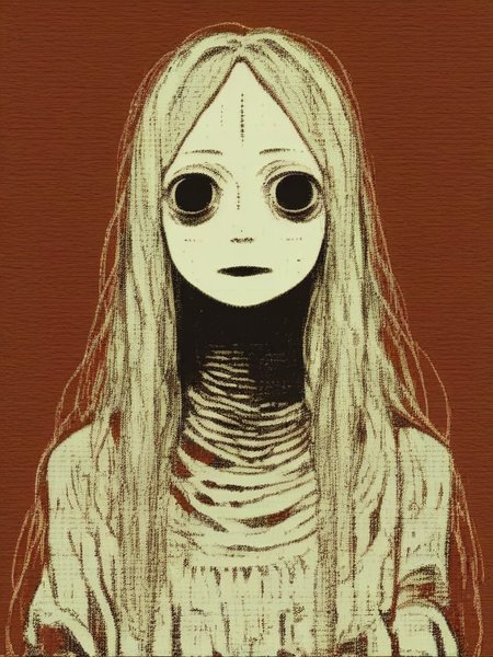 vermis style, 1girl, solo, long hair, looking at viewer, upper body, red background  ,horror \(theme\),  <lora:VermisStylePony:0.75>, source_anime,
score_9, score_8_up, score_7_up, score_5_up