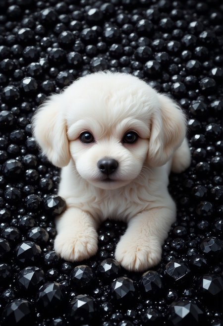 A cute face of a snow-white curly poodle looks out from the huge pile of black diamonds. The poodle is a small and cute puppy. The fur of the funny poodle is very curly. A top view of the poodle in endless black diamonds. The paws of the funny poodle lie on black diamonds. Adorable, cute, funny. realism, digital art, close-up, vivid colors, photograph, Depth of field 100mm. aidmaHyperrealism, black diamonds