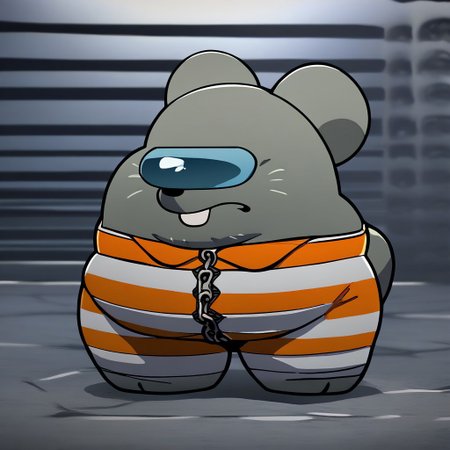 crewmate (among us), spacesuit, no humans, space helmet, full body, solo
,score_9, score_8_up, score_8, furry, Frankie, rat, cartoon style, 2d, overweight male, big belly, thick thighs, wide hips, solo, prison jumpsuit,  prison uniform, bubble butt, handcuffed, prison