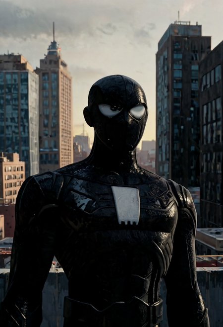 black suit, simple suit, symbiote suit, black mask, white eyes, white patches on hands, black webs, skinny, outside, in city, on rooftop, upper body, boy, solo, score_9, score_8_up, score_7_up, high-res image, masterpiece, best quality,
